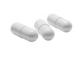 Three plain white capsules lying next to each other, isolated on transparent background