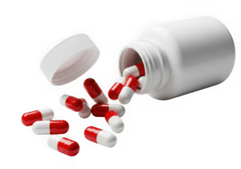 Red and white capsules spilling out of a white pill bottle, isolated on transparent background