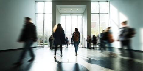 Fototapeta premium Blurred motion in modern building with diverse people walking
