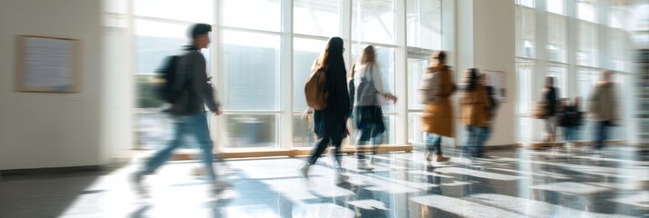 Blurred motion of diverse students walking in sunlit school corridor