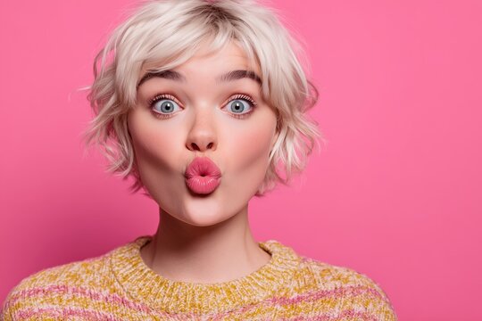 A woman making a puckered lips expression on a pink background.