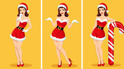 Charming collection of three festive Santa girl illustrations, featuring a cheerful young woman in a classic holiday costume, perfect for Christmas designs and season's greetings