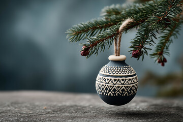 Dark blue handcrafted Christmas ball with white ethnic relief pattern on pine tree twig