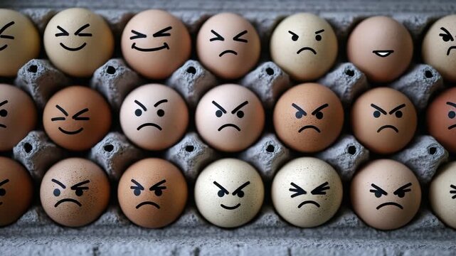 Brown and Beige Eggs with Hand-Drawn Faces Arranged in a Cardboard Tray
