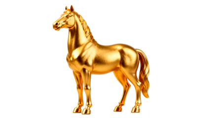 Golden horse figurine proudly standing, a symbol of strength and good fortune for Lunar New Year, isolated on white background.