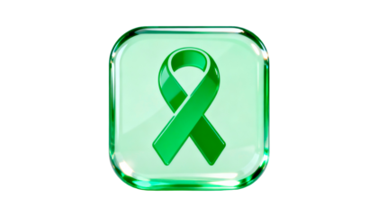 Green mental health awareness ribbon, symbolizing psychological wellbeing and support for mental health issues, isolated on a clean white background.