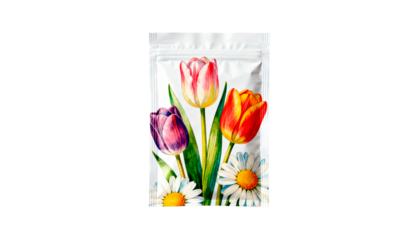 Colorful flower seed packets featuring illustrations of tulips and daisies, isolated on white background.