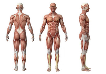 Anatomical illustration showing anterior, posterior, and lateral views of the human muscular system, isolated on transparent background