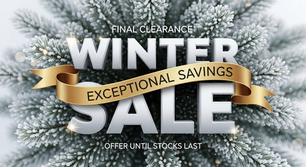 Icy pine needles backdrop with metallic lettering and a gold ribbon, showcasing a winter sale announcement for savings and deals promotion