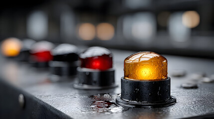 Close-up View of a Retro Futuristic Control Panel with Orange and Red Illuminated Buttons