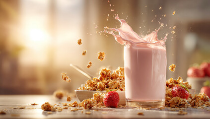 Strawberry milk splashing from a glass, surrounded by flying granola, cereal, and ripe strawberries on a wooden table