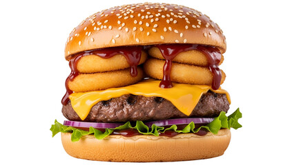 Gourmet Burger with Crispy Onion Rings, Melted Cheese, and BBQ Sauce Isolated on Transparent Background