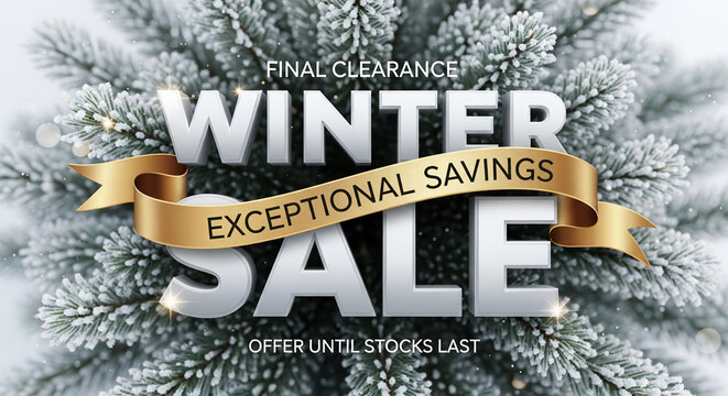 Icy pine needles backdrop with metallic lettering and a gold ribbon, showcasing a winter sale announcement for savings and deals promotion - Powered by Adobe