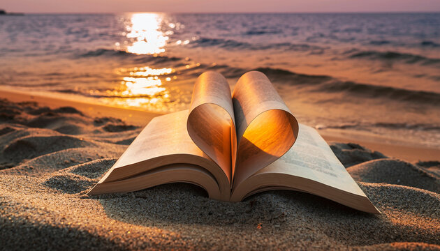 Open book with pages folded into heart shape on sandy beach at sunset, warm golden light reflecting on water, romantic and peaceful atmosphere, summer evening - Powered by Adobe
