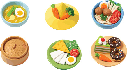 Delicious food vector collection featuring ramen bowls, steamed dumplings, breakfast plates, desserts, noodles, vegetables, and traditional Asian cuisine.