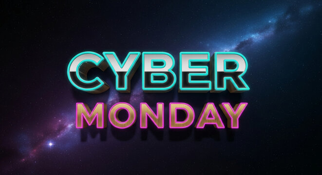Image shows 3D "Cyber Monday" text, with silver and turquoise neon, gold and pink neon glow effects against a starry space background, promotion banner - Powered by Adobe