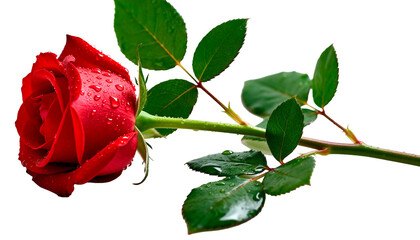Elegant Single Long-Stem Red Rose with Dewy Petals and Fresh Green Leaves, Isolated on White, Symbolizing Love and Romance.