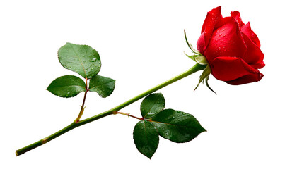Single Long-Stem Red Rose with Dewy Petals and Fresh Green Leaves, Symbol of Love and Romance, Isolated on White Background
