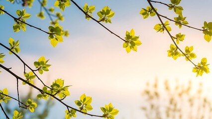 few short and long branches placed asymmetrically, leaving tranquil space, young leaves glowing, pastel sky, warm sunlight softly diffused, dreamy natural bokeh