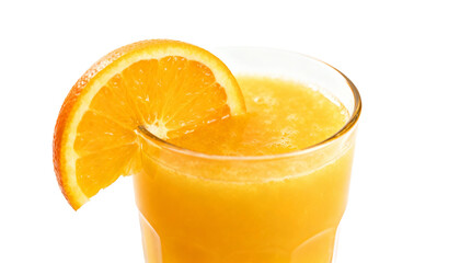 Fresh orange juice in a glass with an orange slice on the rim, isolated on a white background. Healthy breakfast beverage concept.