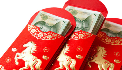 Stack of red Chinese New Year hongbao envelopes filled with money, featuring a gold pattern and Year of the Horse theme, isolated on white.