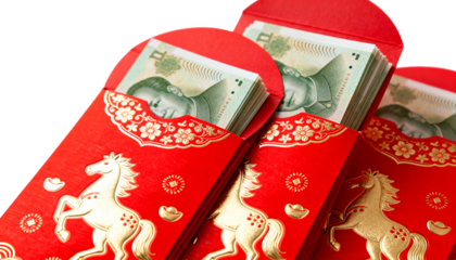 Stack of red Chinese New Year hongbao envelopes filled with money, featuring a gold pattern and Year of the Horse theme, isolated on white.