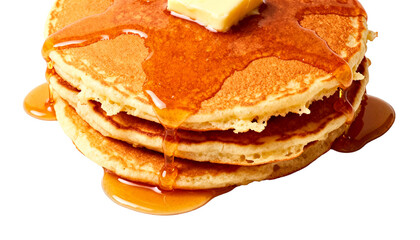 Delicious stack of pancakes with melting butter and rich maple syrup dripping down, isolated on a clean white background.