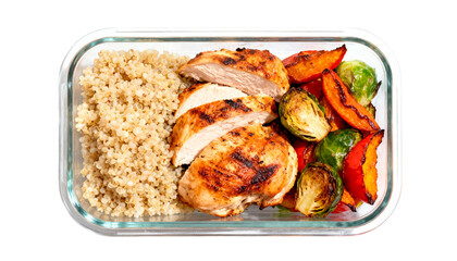 Healthy Grilled Chicken, Quinoa, and Vegetable Meal Prep Container on White Background