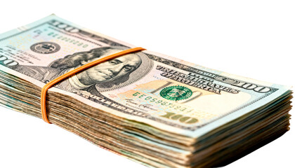 Stack of local currency banknotes secured with an elastic band, representing a travel budget, isolated on white.