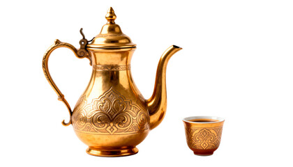 Traditional Arabic Dallah Coffee Pot and Cup, Symbolizing Ramadan Hospitality, Isolated on White.