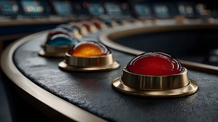 Close-up View of a Retro Futuristic Control Panel with Orange and Red Illuminated Buttons