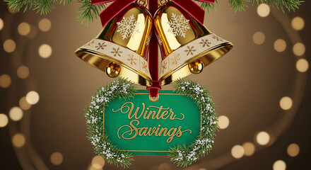 Two golden bells adorned with snowflakes and a red ribbon, hanging above a green tag that says "Winter Savings", promoting festive discounts