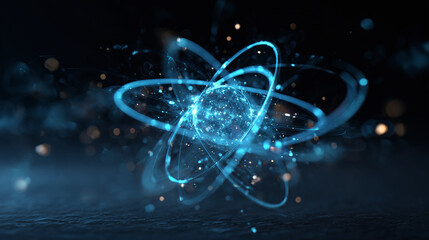 An Atom model with glowing lights. The depiction embodies the core of scientific exploration and technological innovation