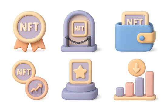 Nft icon set with wallet, chart, and award elements for digital art concepts