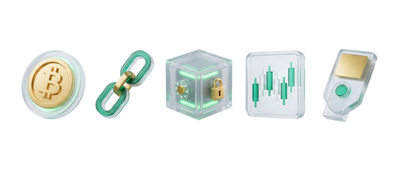 A collection of cryptocurrency and blockchain technology icons, including Bitcoin, a chain link, a secure data block, a candlestick chart, and a hardware wallet.