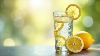 Refreshing glass of sparkling lemon water garnished with fresh lemon slices next to whole and halved lemons on wooden table, concept of healthy hydration, detox drink, summer refreshment