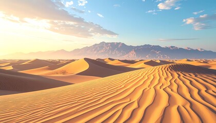 Golden Sand Dunes in a Vast Desert Landscape at Sunset with Distant Mountains.