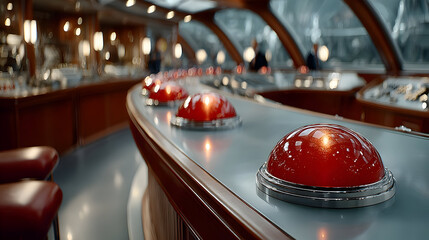 Close-up View of a Retro Futuristic Control Panel with Orange and Red Illuminated Buttons