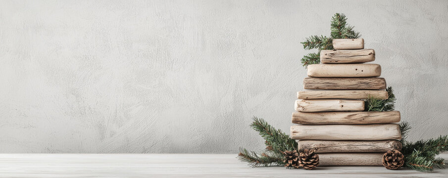 Christmas tree made from driftwood decorated with pine branches and pinecones on white background creates festive rustic holiday scene - Powered by Adobe