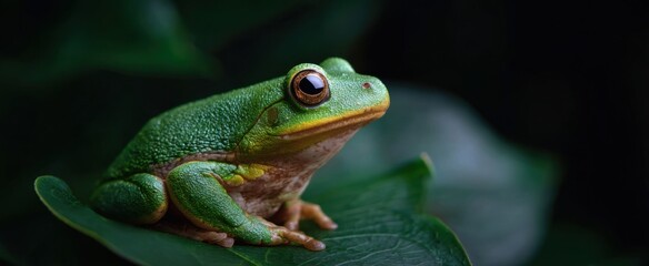 A green tree frog clings to a leaf feeling calm and alert.