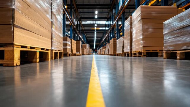 shelves filled with stacks of laminate, parquet, OSB and chipboard in household goods warehouse, bright clean interior