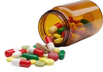 A brown medicine bottle tipped over with many colorful pills and capsules spilling out onto a white surface, isolated on transparent background