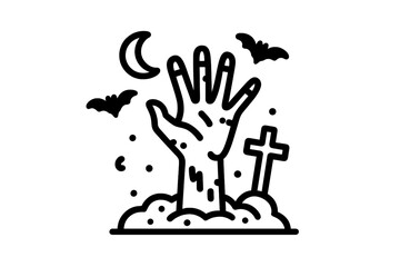 Zombie hand emerging from grave under crescent moon with flying bats