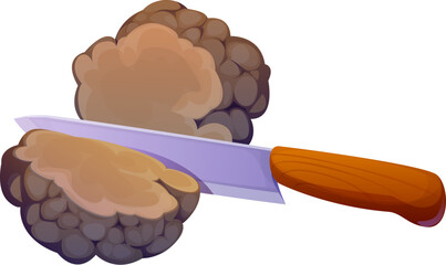 Cutting truffle mushroom with kitchen knife in cooking process. Vector fresh organic fungus plant, food ingredient for gourmet cuisine with earthy texture and sliced pieces during culinary preparation © Vector Tradition