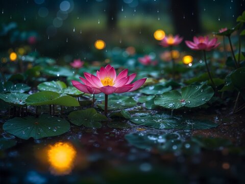 Vibrant pink lotus flower blooming in a magical night pond with raindrops falling on lily pads and bright bokeh lights, fantasy illustration - Powered by Adobe