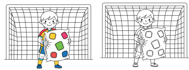 Cartoon soccer goalkeeper boy holding a pillow Funny football player character vector illustration with black and white outline for coloring book page.