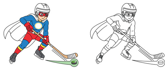 Cartoon superhero boy playing ice hockey Vector illustration with black and white outline version for coloring book page. © AbuNazam
