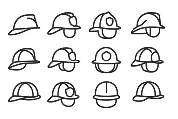 Set of firefighter helmet icons in various outline styles