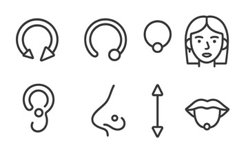 Collection of body piercing icons featuring various jewelry and facial anatomy