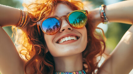 Young woman with vibrant red hair wearing stylish sunglasses, smiling joyfully outdoors, showcasing a carefree summer vibe and a sense of happiness in a bright natural setting